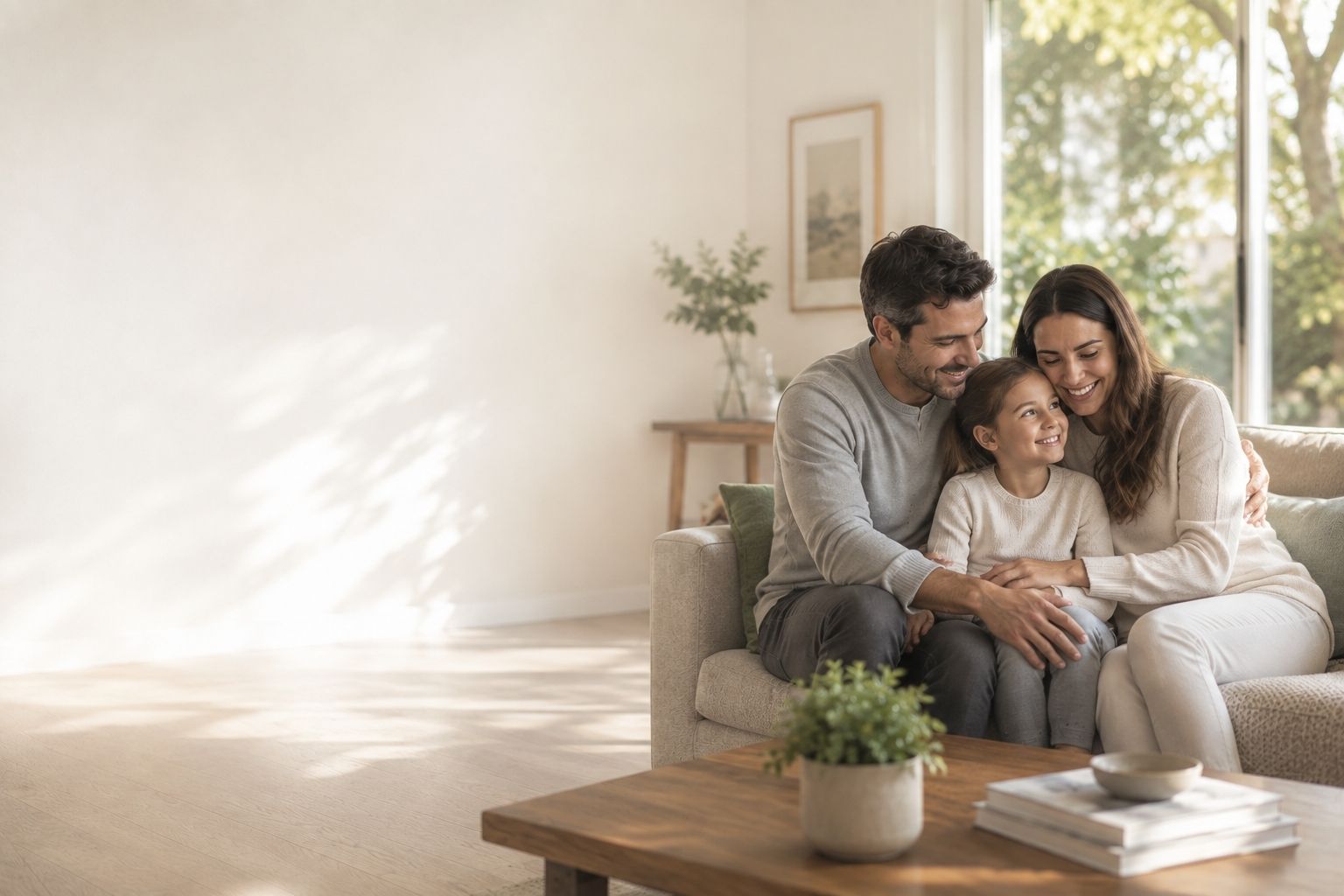 Familia abrazada en su casa, protegida por un plan combinado familiar