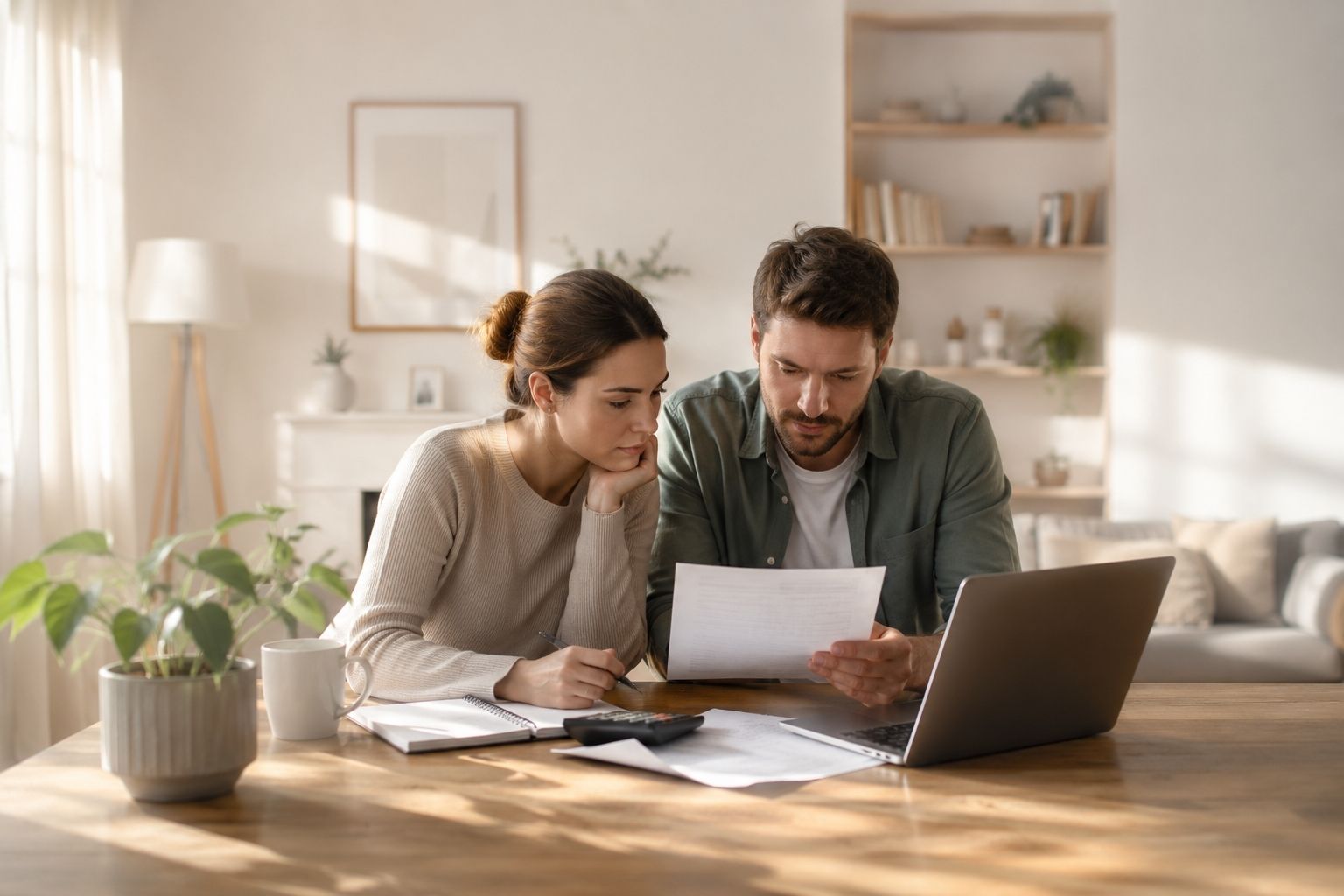 Pareja revisando papeles y finanzas preocupados en su casa