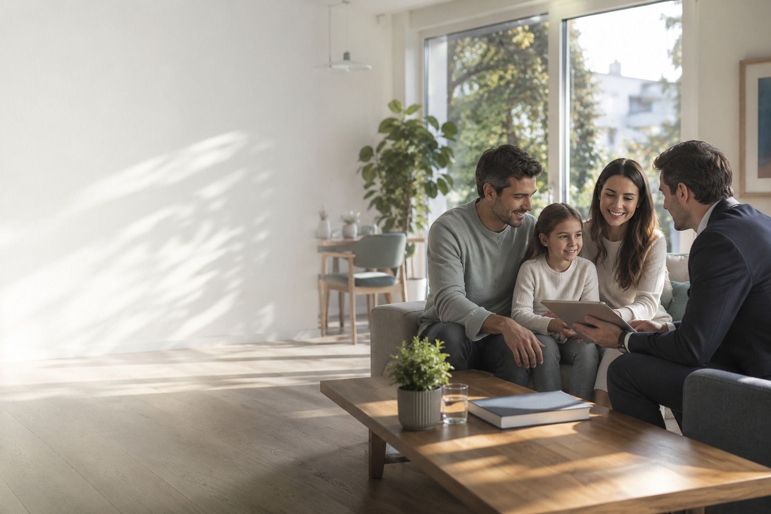 Asesor de Seguros y Ahorro conversando con una familia en su casa