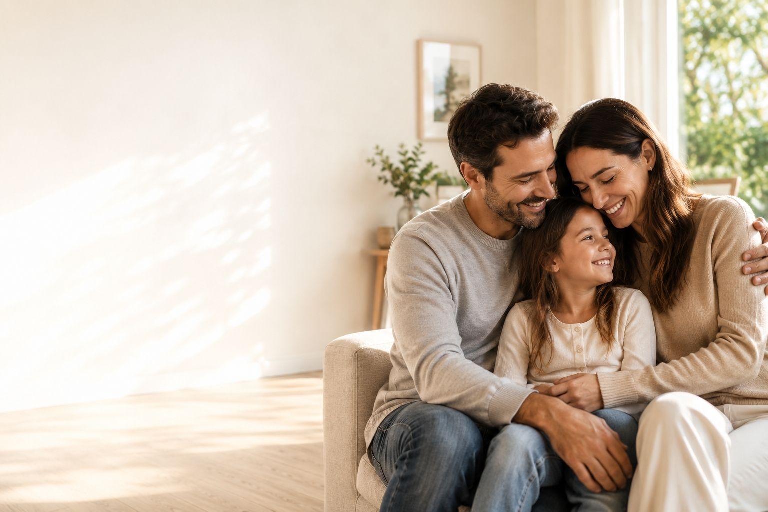 Familia abrazada en su casa, protegida por un seguro de vida con ahorro