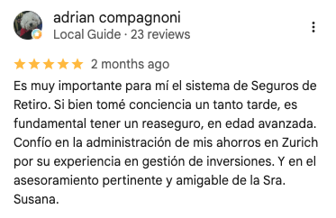 Reseña de 5 estrellas de adrian compagnoni en Google Maps sobre Seguros y Ahorro