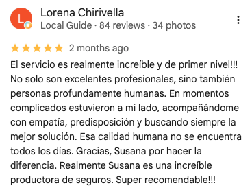 Reseña de 5 estrellas de Lorena Chirivella en Google Maps sobre Seguros y Ahorro