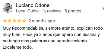 Reseña de 5 estrellas de Luciano Odone en Google Maps sobre Seguros y Ahorro