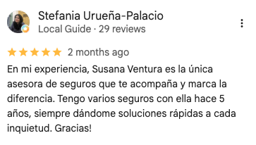 Reseña de 5 estrellas de Stefania Urueña-Palacio en Google Maps sobre Seguros y Ahorro